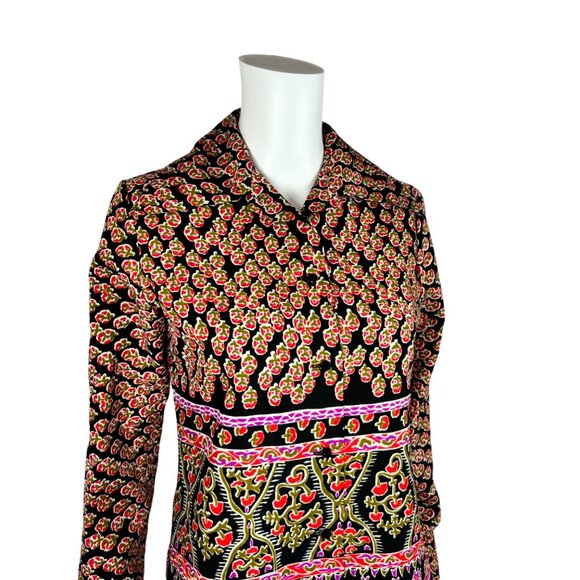 Vintage 70s Printed Blouse Women's Medium Pink Black Border Print Top - Picture 3 of 10
